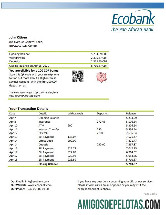 Exemplo de extrato bancário do Congo Ecobank